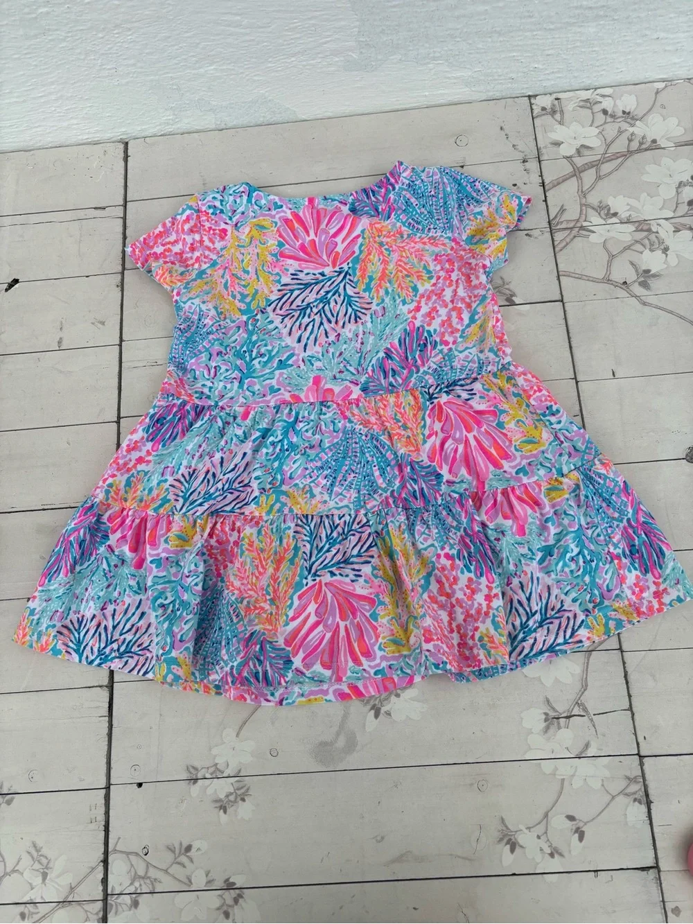 Multicolor Floral Coral-Print Short Sleeve Kids Dress